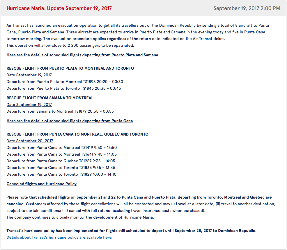 Air Trasat hurricane policy for Maria