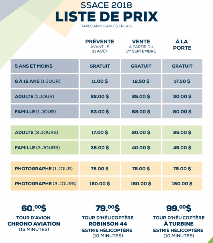 SSACE 2018 liste de prix