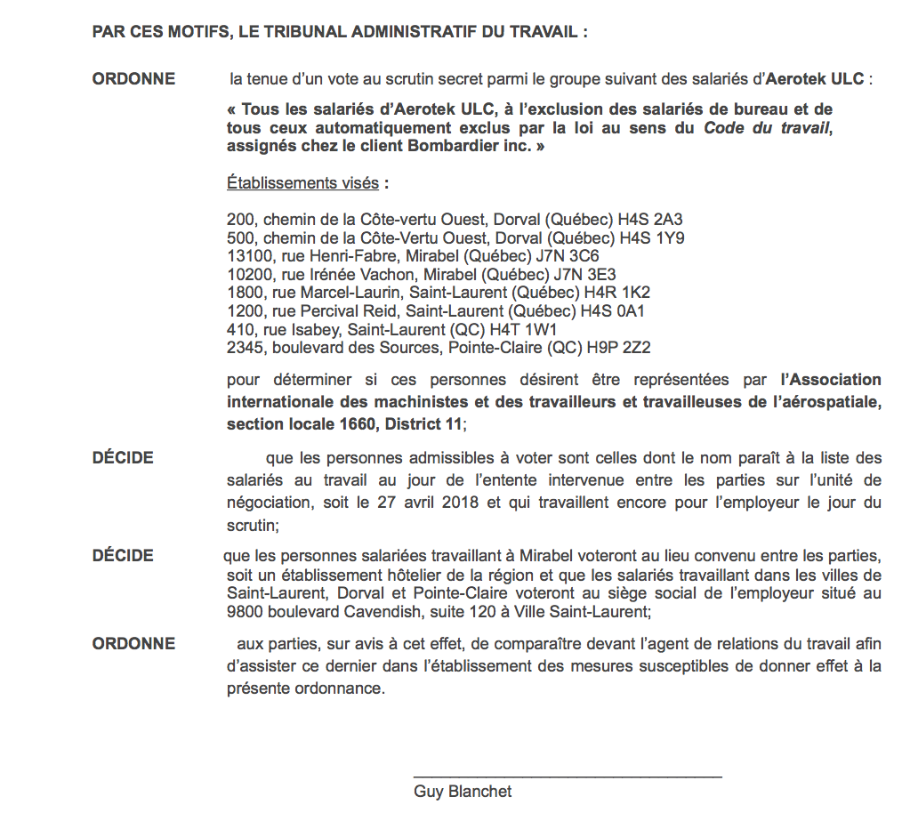 Ordonnance d'un vote chez Aérotek