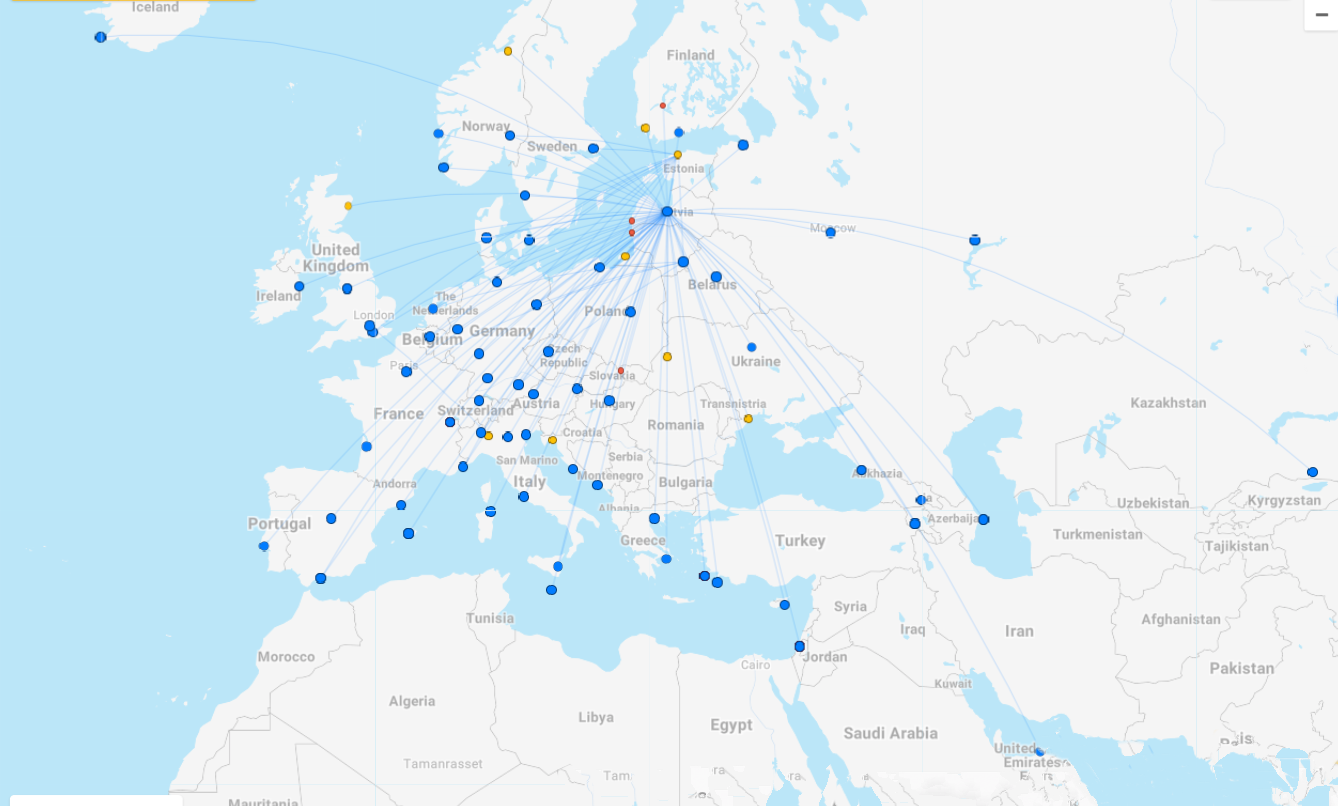 Carte montant toutes les destinations d'Air Baltic
