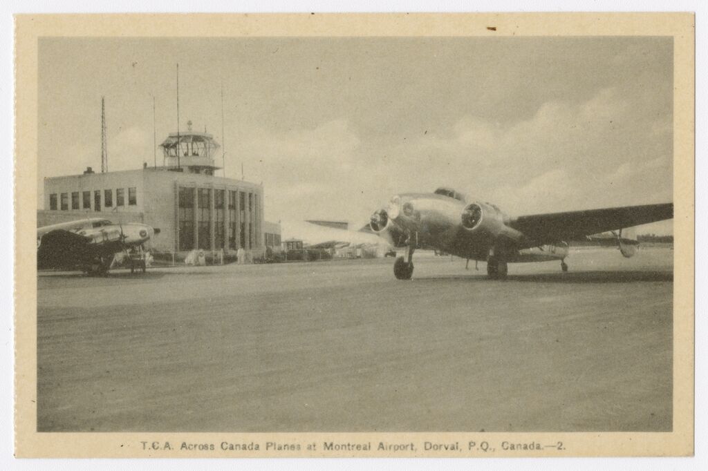 Aéroport de Dorval dans les années 40. Image de Photogelatine Engraving Co. Sources archives numériques de la Bibliothèque nationale du Québec.