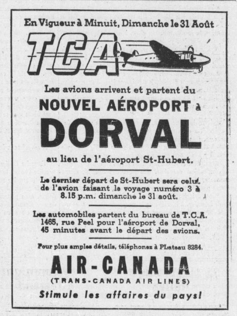 Publicité d'Air Canada Le Devoir 29 août 1941. Source, les archives numériques de la Bibliothèque nationale du Québec.